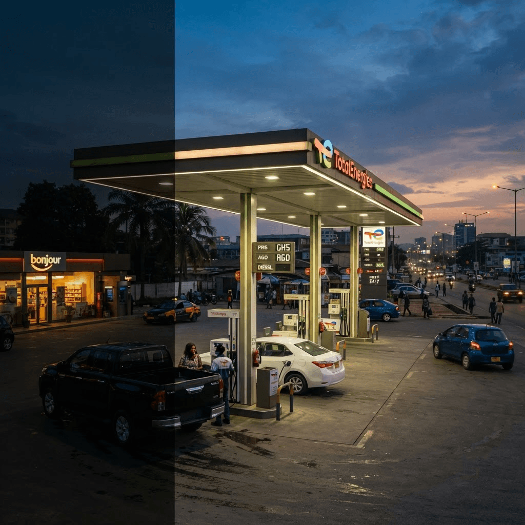 Modern filling station forecourt at dusk